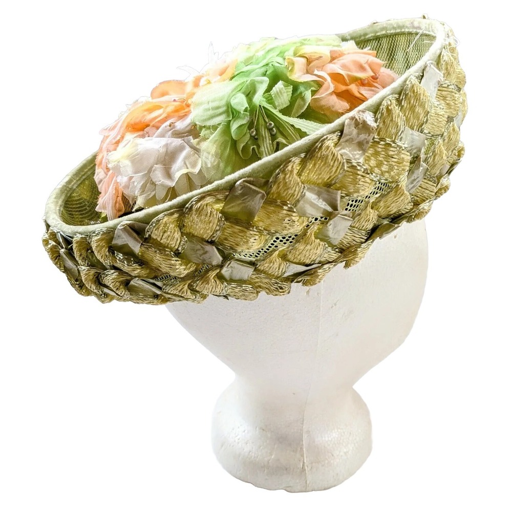 Vintage Church Hat Flower Union Made USA Pearl Straw Texture Mid Century Unique